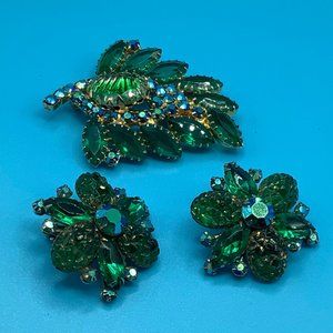 Beautiful Vintage Green Glass and Rhinestone Brooch and Married Earrings!